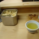 Japanese Restaurant in Kanda, Tokyo; Tempura Imoya free sweet vinegared ginger in silver box