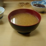 Japanese Restaurant in Kanda, Tokyo; Tempura Imoya miso soup based on corbicula broth