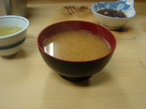 Japanese Restaurant in Kanda, Tokyo; Tempura Imoya miso soup based on corbicula broth