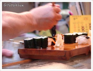 Sushi Restaurants in Tokyo | Kyowa; food & service, sushi placed on wooden board before service